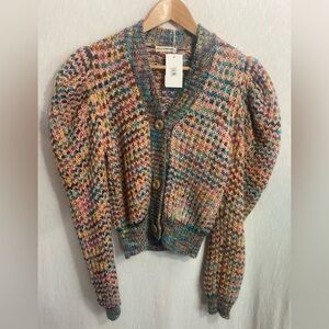 Ulla Johnson Women’s Fiora Wool Puff Sleeve Rainbow Cardigan Sweater Size S NWT